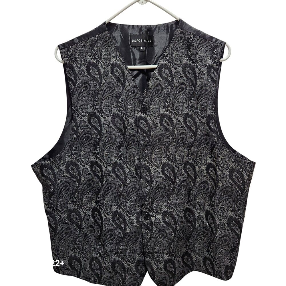 Exactitude Mens Vest L Black Gray Paisley‎ Formal Waistcoat Dress Suit Vest